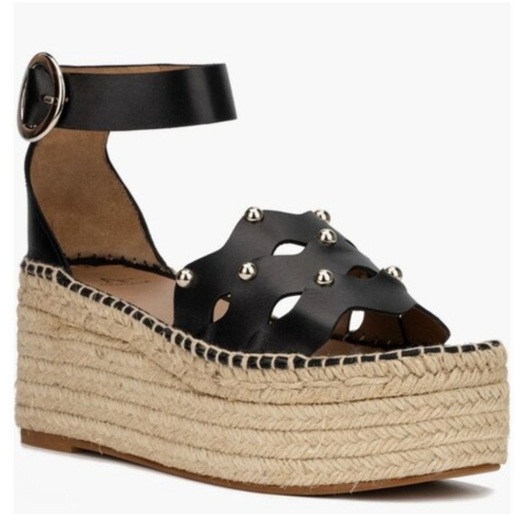 Aquatalia Brianne Studded Leather Platform Espadrilles Wedge Heel Summer Size 8